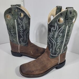Old West Kids Leather Western Cowboy Boots Square Toe Brown Teal Size 3.5
